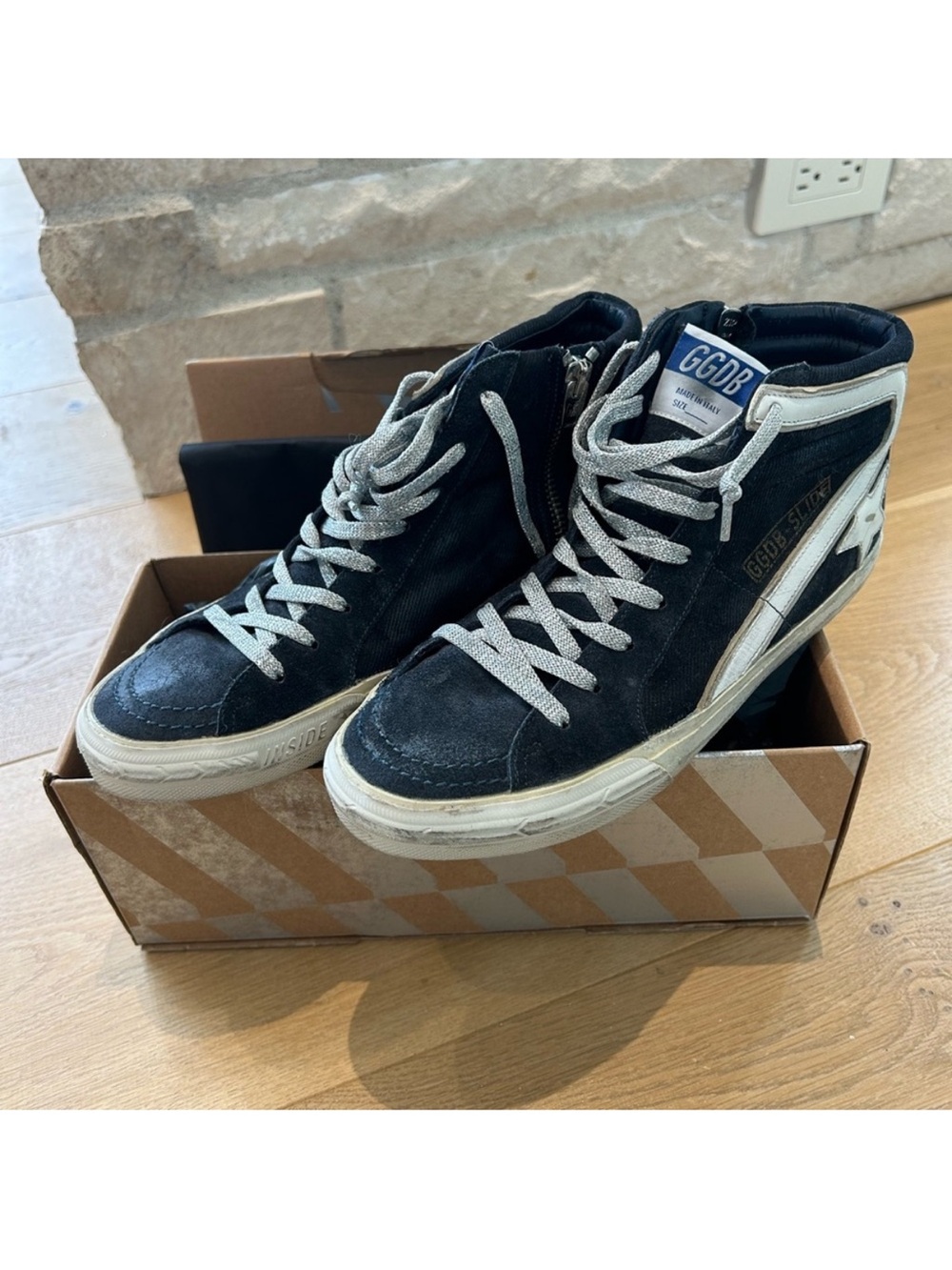 Golden Goose Slide Sneakers (Navy Denim/Silver Lace) Sz 38